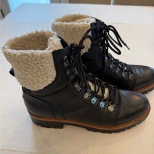 Marc Fisher Isabel Black Leather Faux Fur Lined Lace-Up Hiker Boots Size 9M